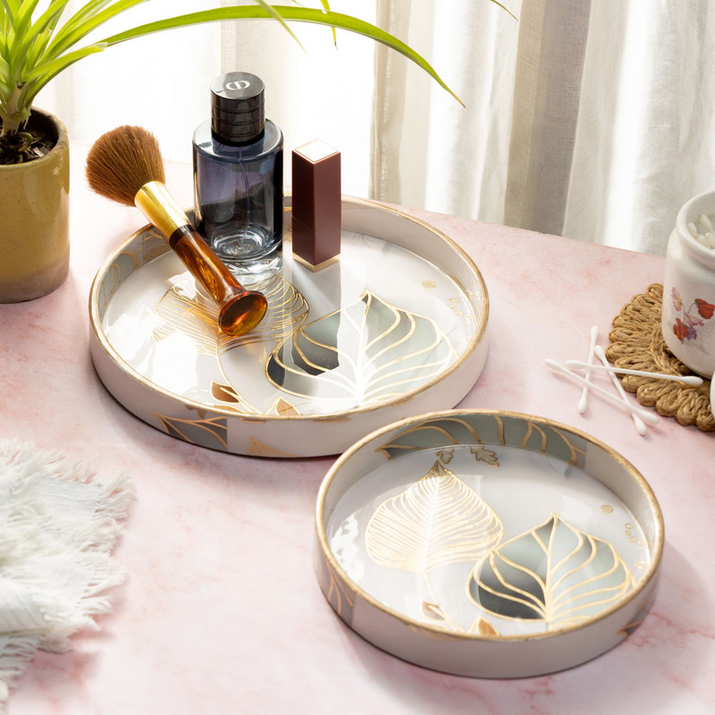 DULI Set of 2 Round Elegant Leaf Design Decorative Serving Tray Set for Gifting Tray(Pack of 2)