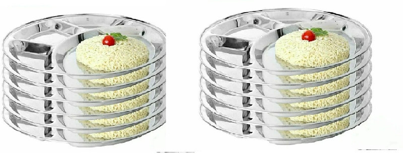 Parik Enterprises Stainless Steel Dinner Bhojan Thali 4 x1 12pcs Dinner Plate(Pack of 12)