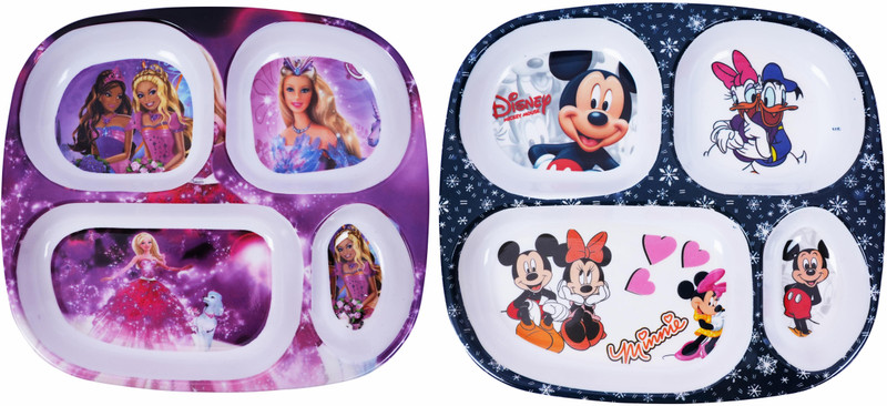 Vishika Store Barbie & Mickey Mouse Printed Melamine Kids Square Plate 4 Sectioned Plate(Pack of 2, Microwave Safe)
