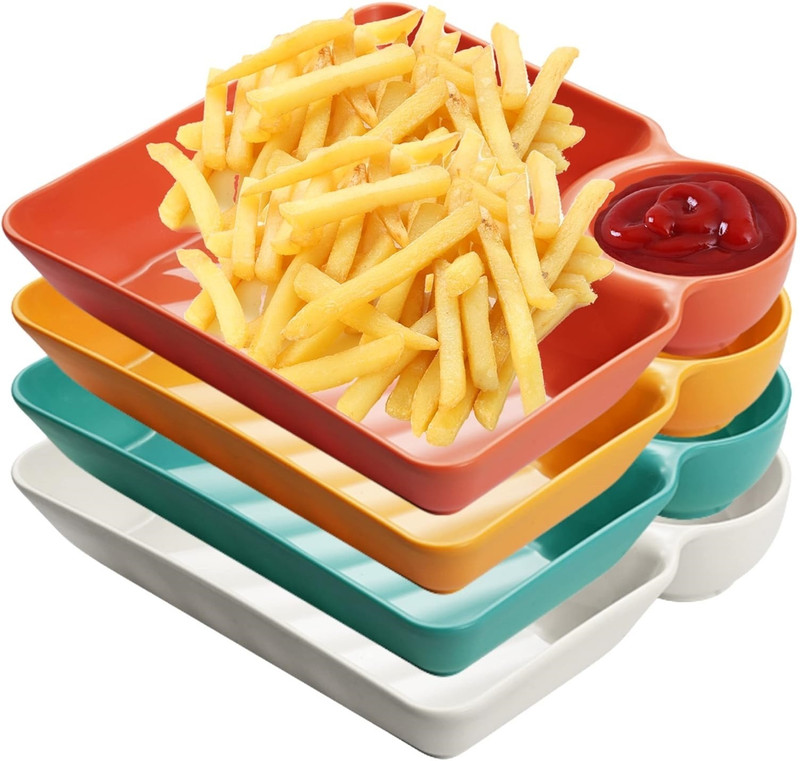 YOMITH Chip and Dip Plates, Colorful Snack Plates with Sauce Holder for Kids & Family's Chip & Dip Tray(Pack of 4)