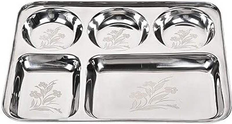 DARK CLOUD Stainless Steel 5 in 1 Compartments Bhojan Thali lesser print Sectioned Plate(Microwave Safe)