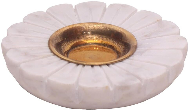 Decorage Handcrafted White Marble and Brass Decorative Plate – Intricate Floral Design Tray