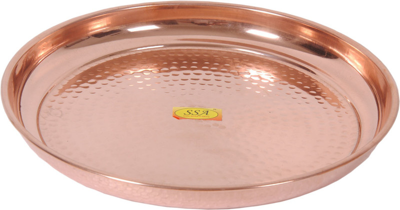 Shivshakti Arts Handmade Pure Copper Plate Small Sized Hammered Deisgned Thali Dish Serveware Diameter-27 cm ::Set of 1 Dinner Plate