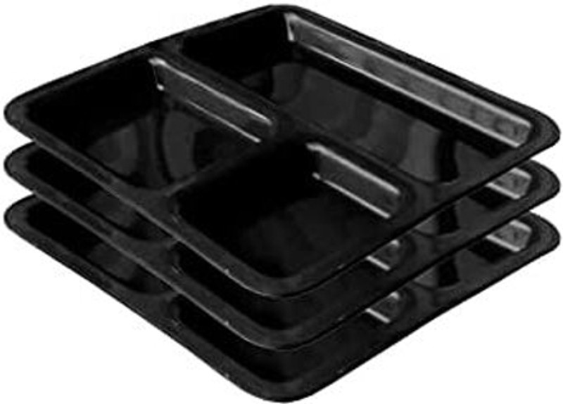 Kanha Unbreakable Dishwasher Safe Toxin free Stain Resistance Virgin Plastic Square Shaped Sectioned Plates Pav Bhaji Plates Snacks Plates Set (Black) Microwave Safe (9x9 inches) Sectioned Plate(Pack of 3, Microwave Safe)