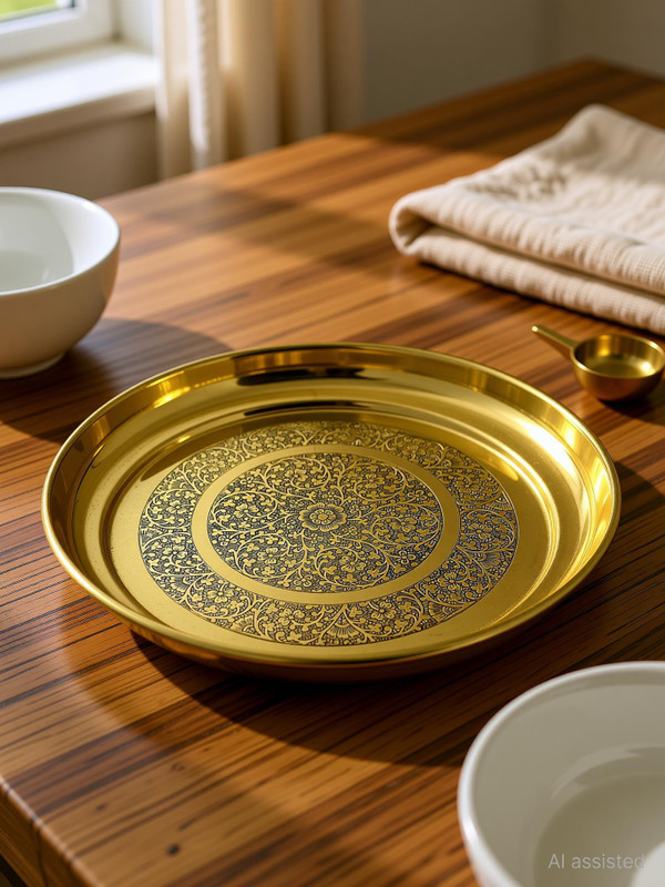 A & H ENTERPRISES Handmade Brass Dinner Plate/Thali For Dining , 10 INCH Floral - Set of 1 Piece Dinner Plate