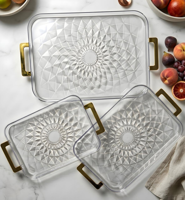 FLYUP Crystal Serving Tray Set with Gold Handles Clear Party Platter Decor Tray(Pack of 3)