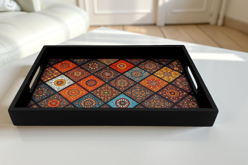 SAMRAYEWOODEN Wooden, MDF Modern Floral Mandala Tray, Black MultiColor Serving Tray 2 Handles Tray(Microwave Safe)