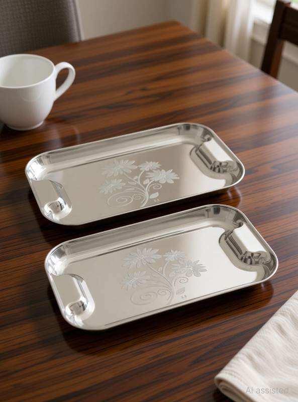 Nirvika Stainless Steel Serving Tray/lemon Platter with steel Finish,Multipurpose Tray, Set of 2 Dinner Plate(Pack of 2, Microwave Safe)