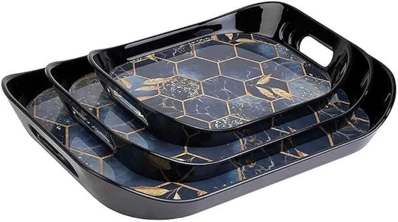 JUICIQ Serving Tray Set of 3 | Black & Gold Designs | Durable & Stylish Tray(Pack of 3)