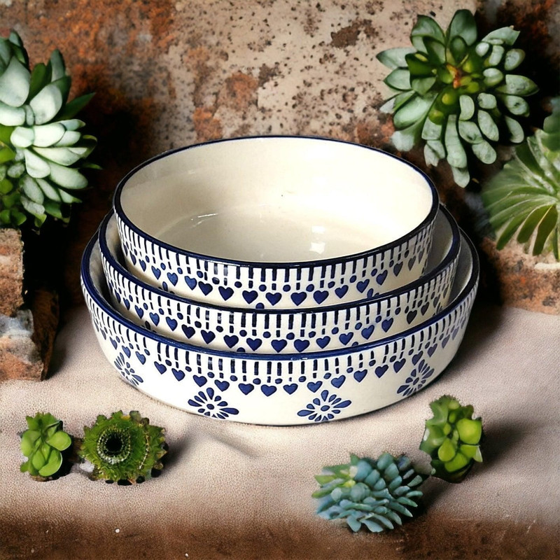 ONDES POSITIVES 3 Pcs Ceramic Serving Bowls | Stoneware Handmade Ceramic Stylish Serving Bowls Quarter Plate(Pack of 3, Microwave Safe)
