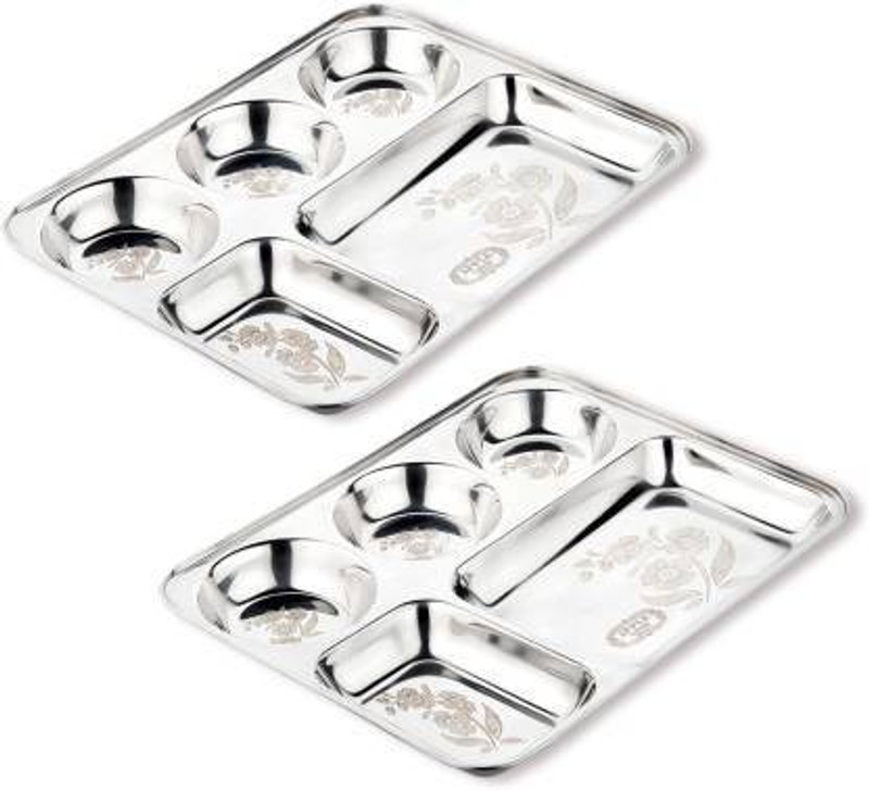 TORPEEZA Stainless Steel Flower Printed Partition Plate 5 in1 Bhojan Thali Dinner Plate Sectioned Plate(Pack of 2, Microwave Safe)
