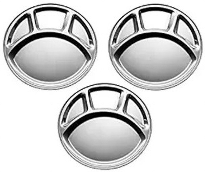 hari kitchen stores Stainless Steel Round Partition Plate Set of 3 (13 Inch) Dinner Plate(Pack of 3)