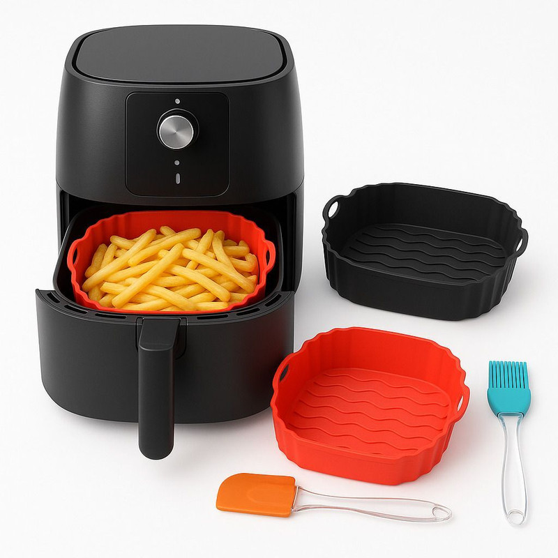 Tesot Square Silicone Air Fryer Liners with Oil Brush – Reusable , Heat Resistant Baking Dish(Pack of 2, Microwave Safe)