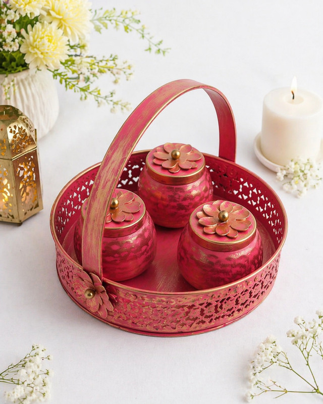 INDIAGLOBAL Metal Dry Fruit Jar Set with Tray & Handle Hammer Finish 3 Jar Tray
