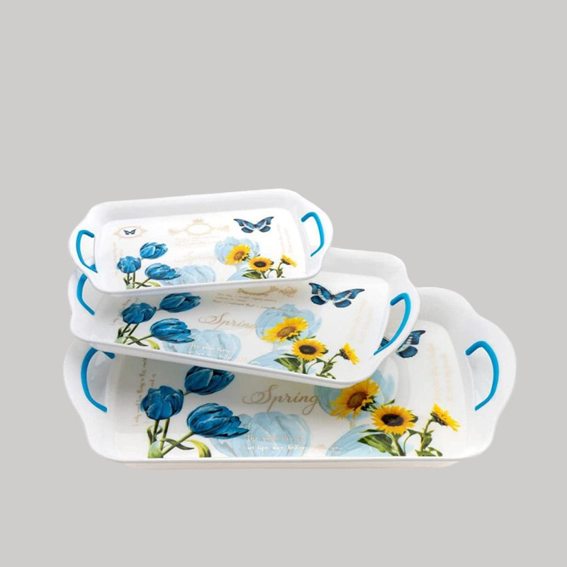 Finner flowers Design Rectangular Shape Plastic Serving Tray Set with Handle | Tray(Pack of 3)