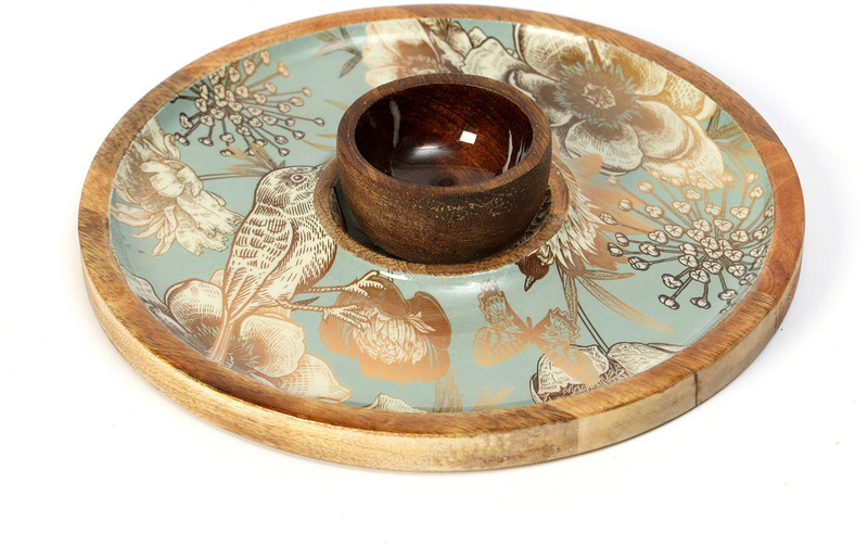 DULI Mango Wood Handcrafted Bird Design Serving Platter with 1 Bowl 10x10 inches Chip & Dip Tray(Pack of 2)