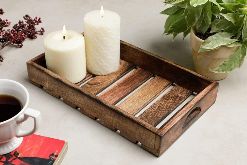 ZUHAIB CRAFTED LEGACY Rustic Wooden Serving Tray with Slatted Design, for Kitchen Dark Brown Tray