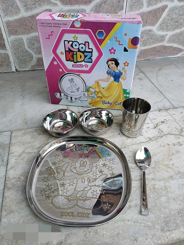 MOTI METAL INDUSTRIES MMI MOTI Kool Kids High Stainless Steel Laser Printed Cartoon Mini Thali Set ( 1 Plate, 2 Bowls, 1 Glass, 1 Spoon )Best Quality/Super Dinner Plate