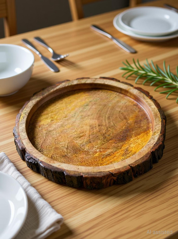 Click Nest Handcrafted Round Wooden Serving Tray – 10-Inch Natural Finish Multipurpose Tray