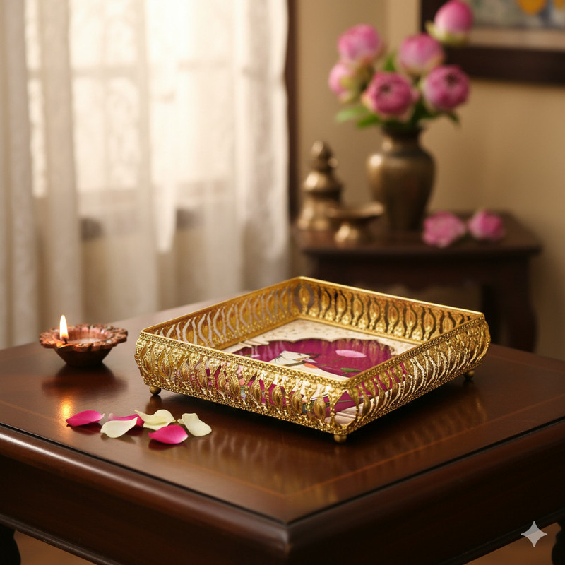 MM OVERSEAS German Gold Plated Pichwai Holy Cow Tray