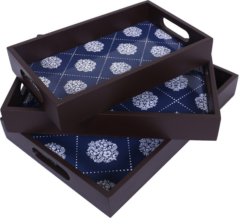 KUBER INDUSTRIES Wooden Damask Blue Design Farmhouse Platter|Rectangular Shape ,Set of 3 (Brown) Tray(Pack of 3)