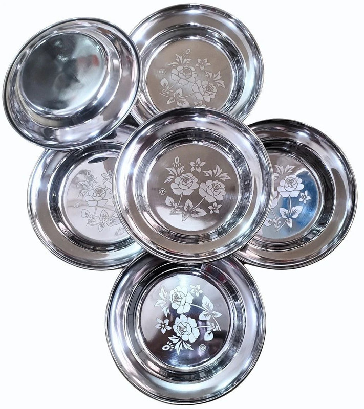 SLASHO stainless steel halwa plate/small dishes Half Plate(Pack of 6, Microwave Safe)