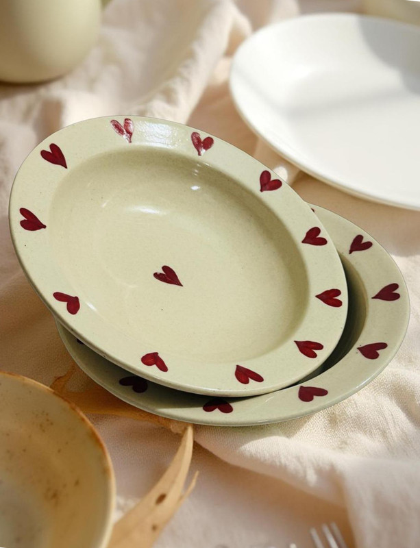 LUPAAVA Ceramic Pasta Plate | White with many Heart Soup Plate | Snack Plate Rice Plates(Pack of 2, Microwave Safe)