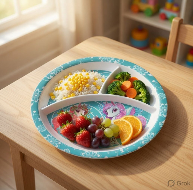 Vishika Store Unicorn Printed Melamine Kids Round Plate 3 Sectioned Plate(Microwave Safe)
