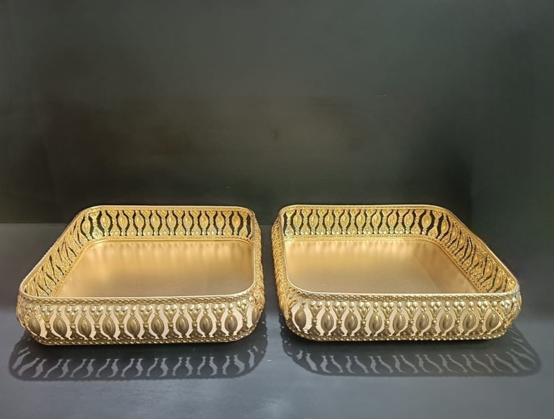 ZA Designs Gold Metal Decorative Tray (Pack of 2) | Square Cutwork Serving & Pooja Tray Tray(Pack of 2)
