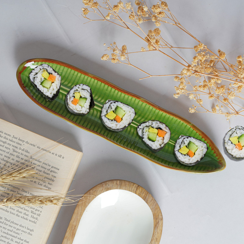 Data Long Leaf Platter in Green Chip & Dip Tray(Pack of 2, Microwave Safe)