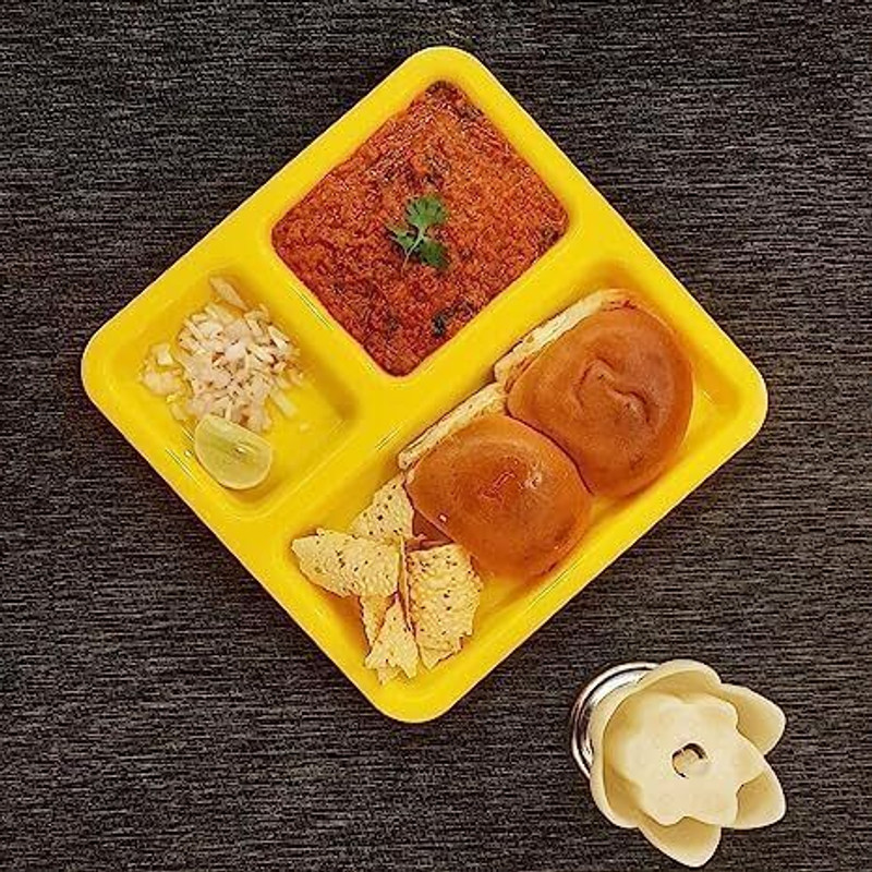 WAVECRAFT DESIGNS Unbreakable 3-Compartments Divided-Dinner 9 Inches Pav Bhaji Plate(Yellow) Sectioned Plate(Microwave Safe)