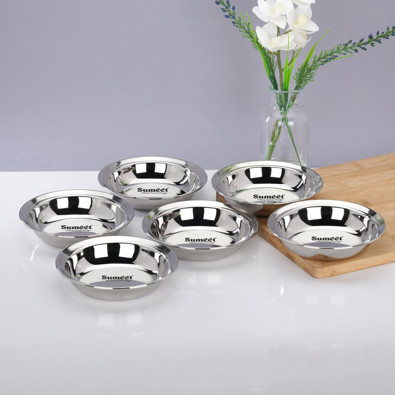 Sumeet Stainles Steel Heavy Gauge Multi Utility ServingPlates with Mirror Finish 12.5cm Half Plate(Pack of 6)