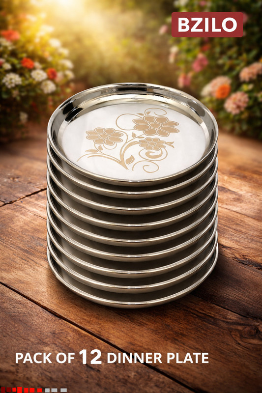 BZILO Dinner Plates Stainless Steel Pack Of 12 Dinner Plate with Laser Design I44 Dinner Plate(Pack of 12, Microwave Safe)