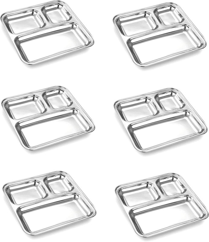 Dynore 3 in 1 Pav Bhaji/ Bhojan Thali/ Snacks Plate- Set of 6 Sectioned Plate(Pack of 6)