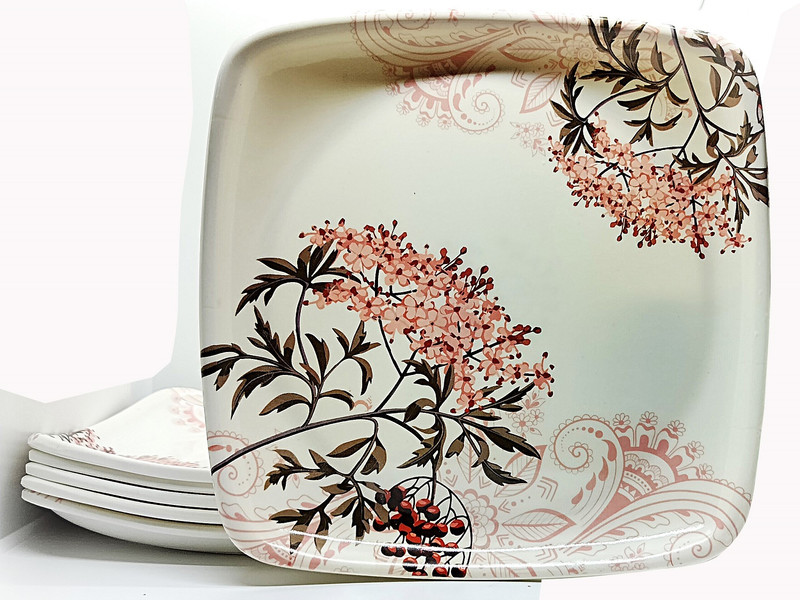 Laserbot Melamine LEAF SQUARE Half Size (8Inch) Flower Printed Dinner & Lunch Plates Dinner Plate(Pack of 6)
