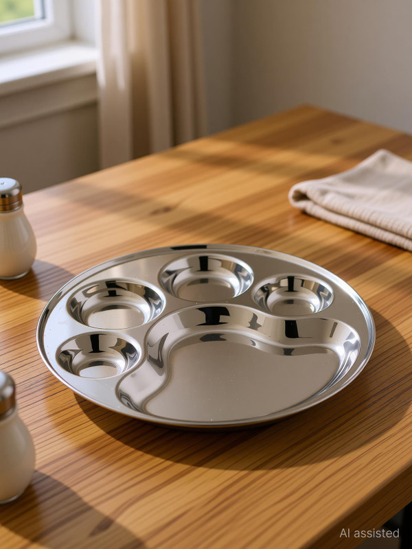 Lyticx Make in India 5 Compartment Stainless Steel Round Dinner Plate