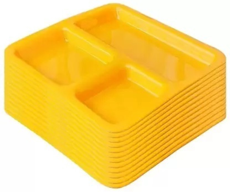 Kanha Premium Quality Break resistant , Toxin free, Microwave safe, Dishwasher safe ,Lightweight Food-Grade Virgin Plastic 3 Comapartments divided yellow pav bhaji plate Sectioned Plate(Pack of 12, Microwave Safe)