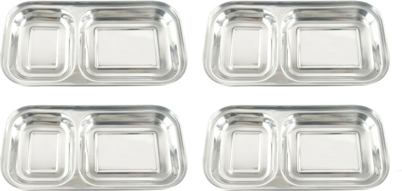 SAUBHAGYA Stainless Steel 2 in 1 Rectangular Two Compartment Nasta/Dinner Plate 9inch Mess Sectioned Plate(Pack of 4)