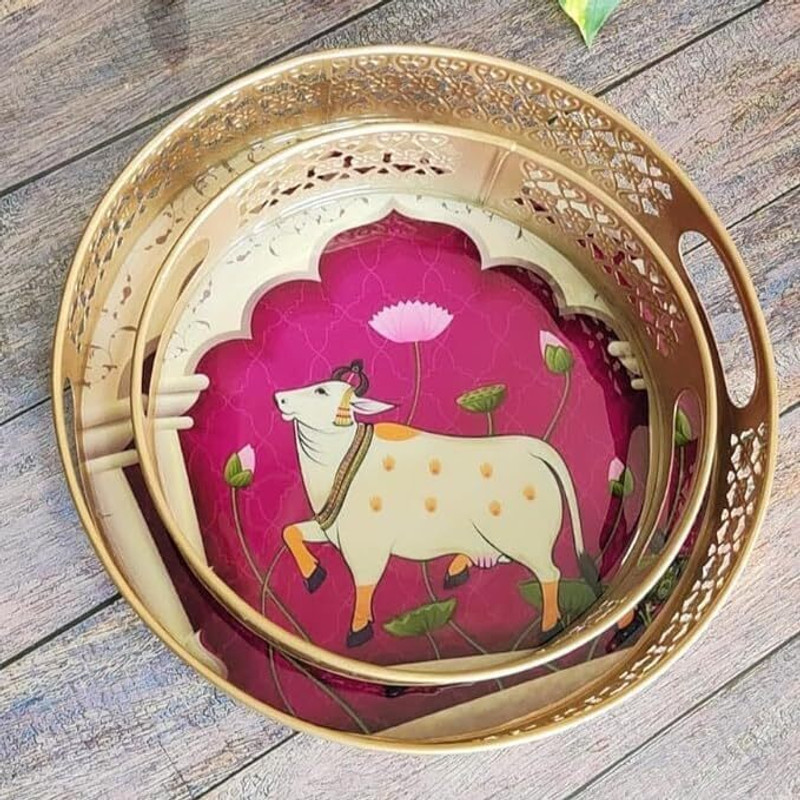 EVERYTHING EXPORTS Cow Pichwai Tray | Best for Home Decor, and Multiuse|Glossy Raisen Work Trays Tray(Pack of 2, Microwave Safe)