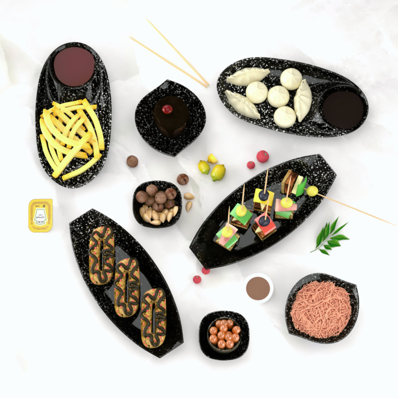 Castleite Laurel Peony Melamin Plates Set with Bowls for Serving Snacks, Marble Black, Chip & Dip Tray(Pack of 8)