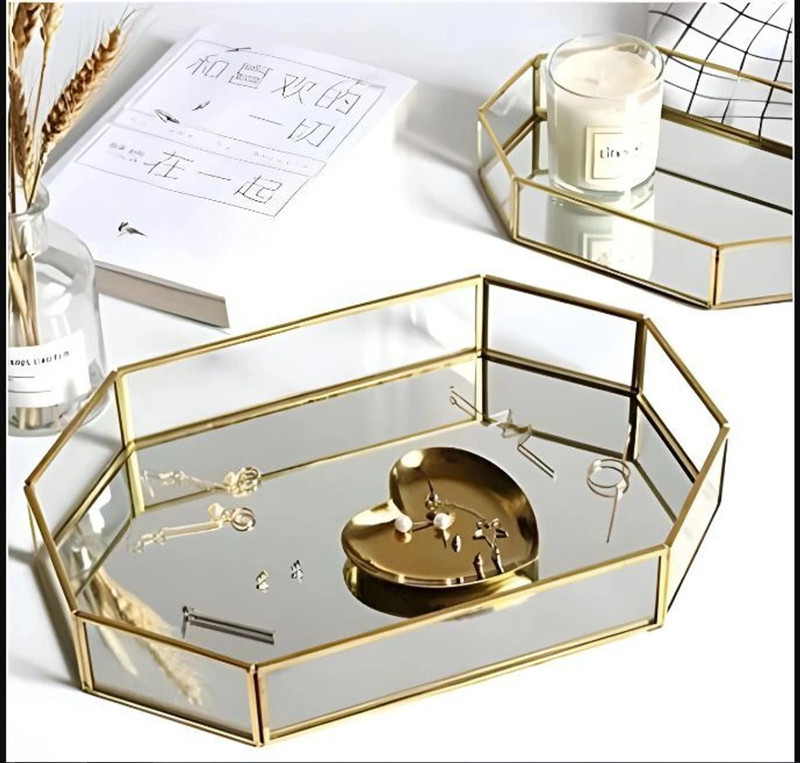 WESTON CHOICE Octagon Mirror Gold, Metal Makeup Decorative Organizer for Vanity Tray(Microwave Safe)