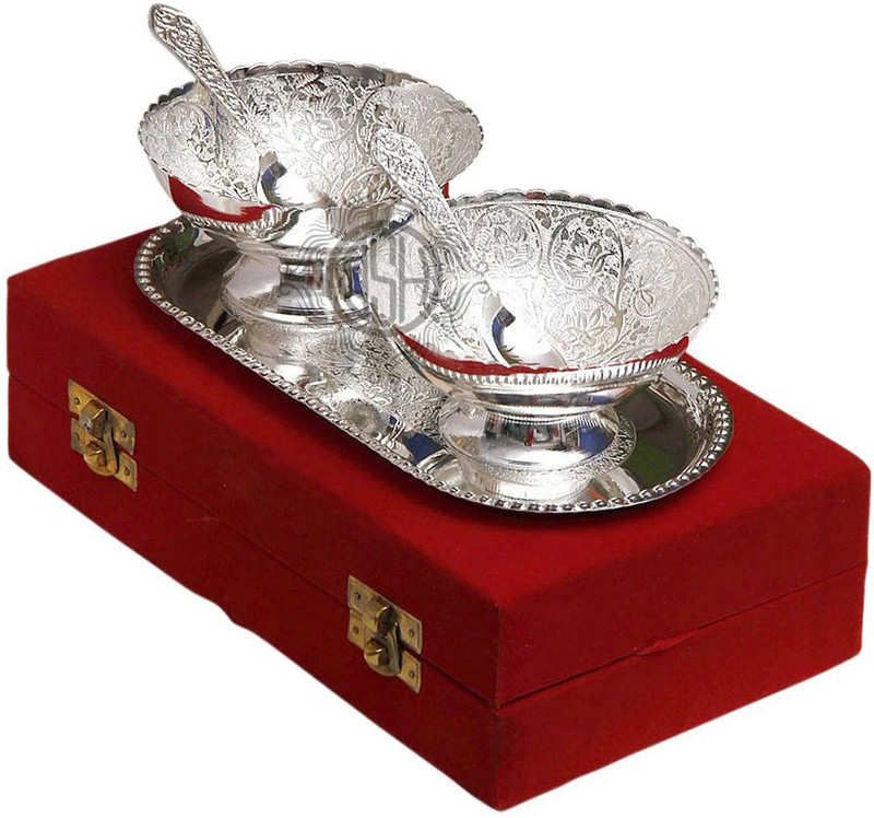 Dsh Silver Plated Bowl Set with Tray and Spoon Used for Dry Fruit, Sweets with Box Tray