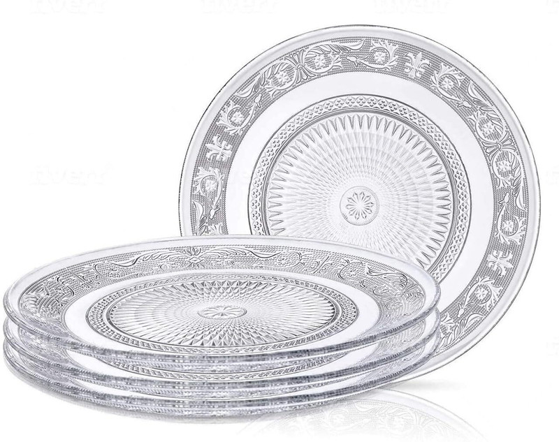 VISMII Luxury Crystal Glass Plate Set of 6 | Embossed Designer Dessert & Serving Plates Dinner Plate(Pack of 6, Microwave Safe)