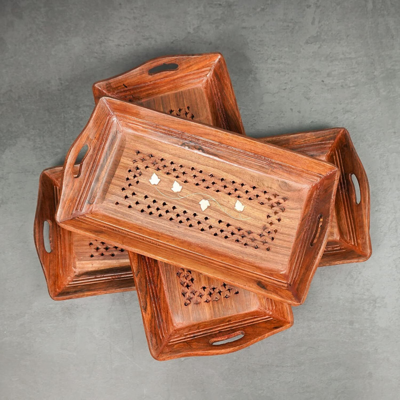 MAJESTIC MART Wooden Serving Tray Set of 3 (Large, Medium And Small) Brass Work, Serving Tray
