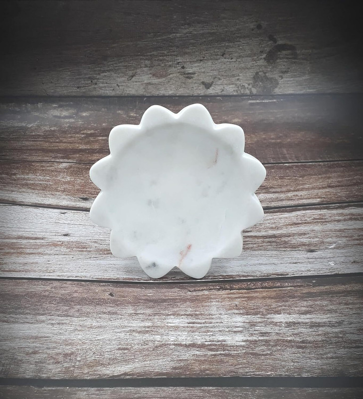 KRAFT CLOUDS 6 Inch White Marble Floral Shape Plate - Stone Dish for Serving - SMALL SIZE Half Plate(Microwave Safe)