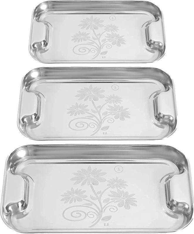 IDEAL PRIME Elegant Stainless Steel Tray Set (3 Pices) With Laser Print Design Tray(Pack of 3)