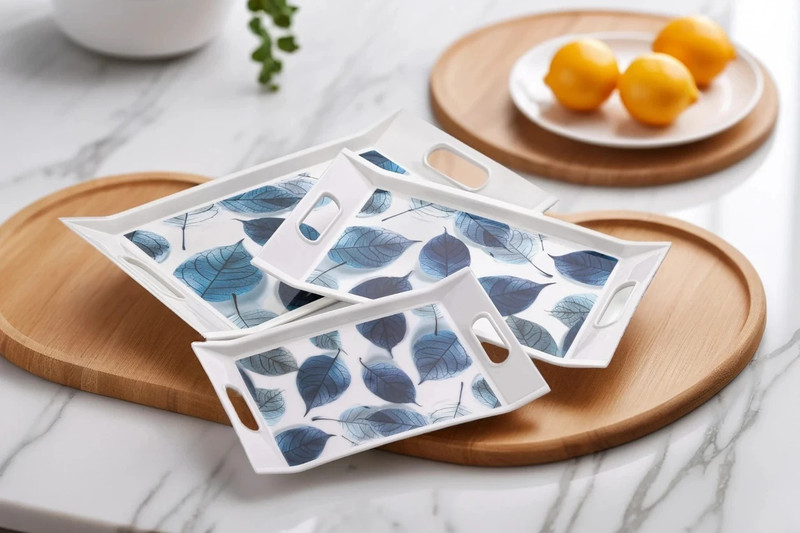 TRENDINGKITCHEN Pack of 3 Natural Flower Printed Tray Set, Serving Glass Tray Set(WHITE)