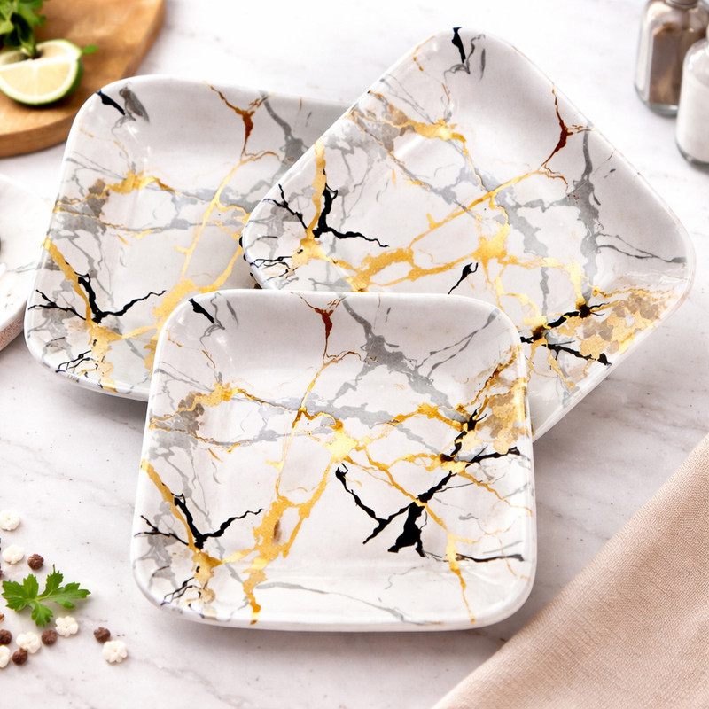 TWINK Elegant Melamine Design Square Half Plates Set - 17.5 cm, BPA Free, Dishwasher Half Plate(Pack of 3)