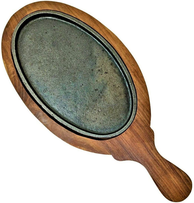 HEZKOL Wooden Base Round Shape With Handle Sizzler Tray(Microwave Safe)