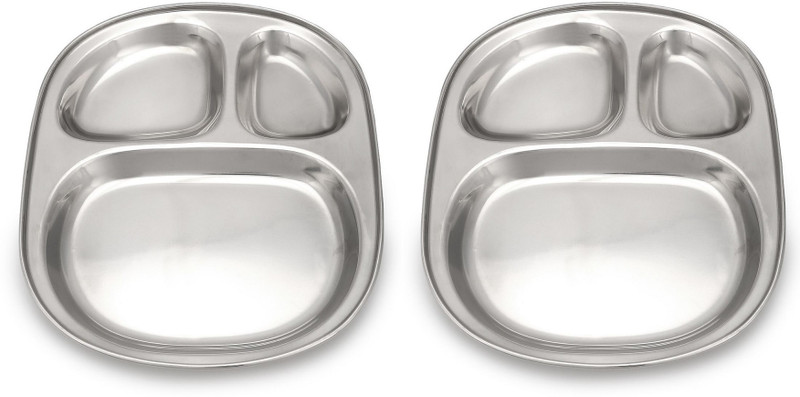 Dynore Stainless Steel 2 IN 1 Two Compartment Nasta/Dinner Plate- Set of 2 Sectioned Plate(Pack of 2)